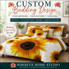 Custom sunflower bedding design shown on a bed with matching floral pillows.