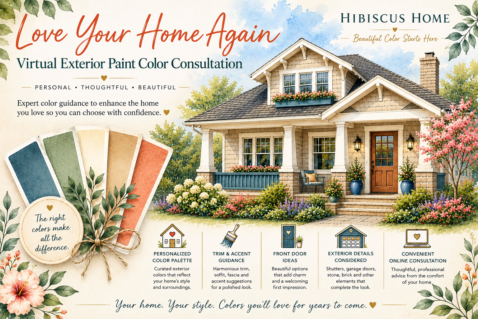 Hibiscus Home colour and design consultation showing a home, colour palette and interior design inspiration.