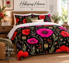 Black duvet cover with a colourful pink and red poppy floral design.
